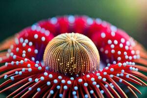 en stänga upp av en röd blomma med vit prickar. ai-genererad foto