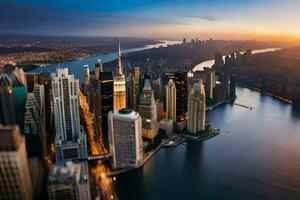 de Sol uppsättningar över de stad horisont i ny york. ai-genererad foto