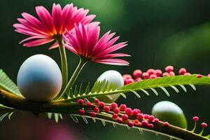 en vit ägg på en gren med rosa blommor. ai-genererad foto