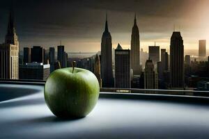 ett äpple sitter på en tabell i främre av en stadsbild. ai-genererad foto