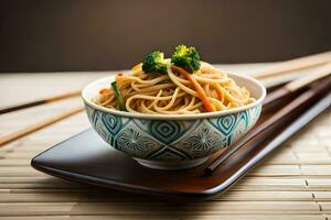 en skål av spaghetti med broccoli och ätpinnar. ai-genererad foto