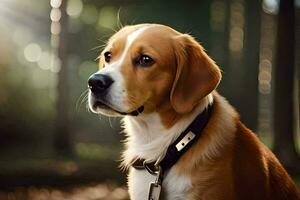 en hund bär en krage i de skogen. ai-genererad foto