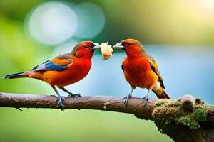 två färgrik fåglar äter en bit av frukt. ai-genererad foto