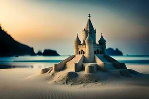 en sand slott på de strand på solnedgång. ai-genererad foto