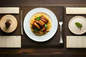 en tallrik med spaghetti och kött på Det. ai-genererad foto