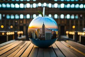en blå äpple med en stadsbild i de mitten. ai-genererad foto