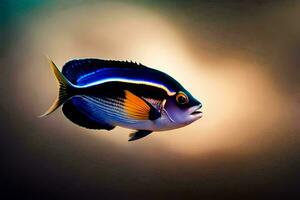 en fisk med en blå och gul kropp är simning. ai-genererad foto