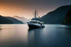 en båt är segling i de hav på solnedgång. ai-genererad foto