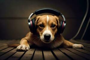 en hund bär hörlurar på en trä- golv. ai-genererad foto