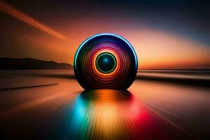 en färgrik hjul är Sammanträde på de strand på solnedgång. ai-genererad foto