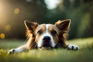 en hund om på de gräs med dess huvud upp. ai-genererad foto