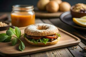 en bagel med kött, sallad och tomat på en trä- skärande styrelse. ai-genererad foto