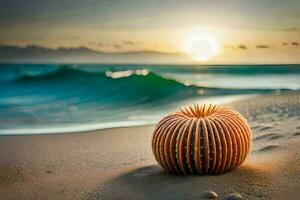 en hav stjärna sitter på de sand på solnedgång. ai-genererad foto