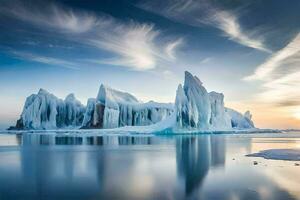 isberg är sett i de vatten på solnedgång. ai-genererad foto