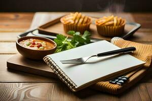 en anteckningsbok med en gaffel och en muffin på en trä- tabell. ai-genererad foto