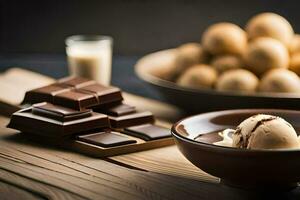 choklad och is grädde i skålar på en tabell. ai-genererad foto
