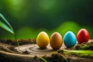 fem färgrik påsk ägg på en stubbe. ai-genererad foto