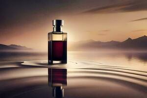 en flaska av parfym Sammanträde på de vatten med bergen i de bakgrund. ai-genererad foto