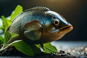 en fisk med en grön blad på Det. ai-genererad foto