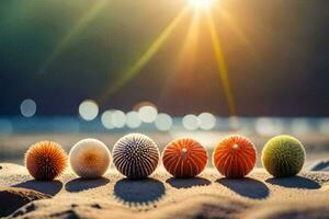 en rad av färgrik bollar på de strand. ai-genererad foto