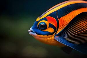 en färgrik fisk med svart, orange och gul Ränder. ai-genererad foto
