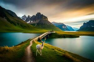 en rådjur står på en bro över en sjö. ai-genererad foto