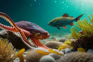 Foto tapet hav, fisk, korall, bläckfisk, hav anemon, fisk, korall. ai-genererad