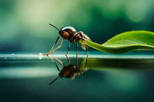 en bi på en blad med vatten reflexion. ai-genererad foto