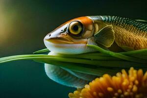 en fisk med en stor öga är Sammanträde på topp av en blomma. ai-genererad foto