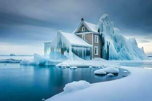 en hus är omgiven förbi is och vatten. ai-genererad foto