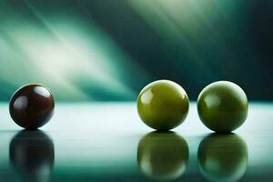 tre grön oliver är Sammanträde på en tabell. ai-genererad foto