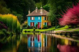 färgrik hus förbi de vatten med färgrik träd. ai-genererad foto