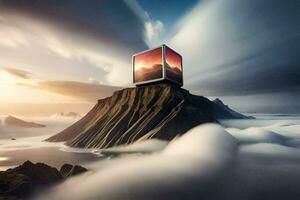 en kub Sammanträde på topp av en berg med moln. ai-genererad foto