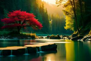 en röd träd står i de mitten av en flod. ai-genererad foto