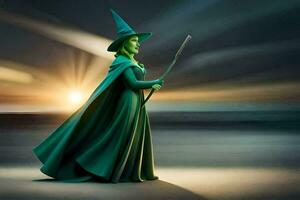 en kvinna i grön innehav en trollstav. ai-genererad foto