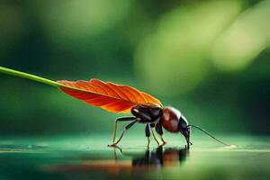 en insekt med en blad på dess tillbaka. ai-genererad foto