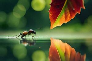 två insekter är stående på de vatten med löv. ai-genererad foto