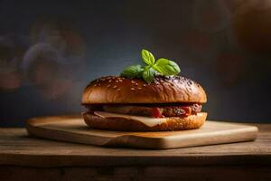 en hamburgare med ost och tomat på en trä- styrelse. ai-genererad foto