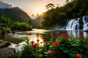 de Sol lyser över en vattenfall och blommor i de förgrund. ai-genererad foto