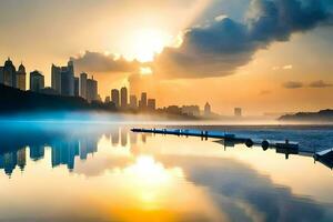 en stad horisont är reflekterad i de vatten på soluppgång. ai-genererad foto