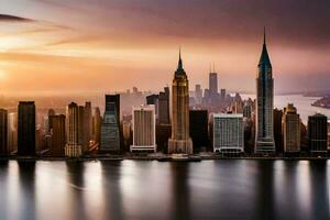 de ny york horisont på solnedgång. ai-genererad foto