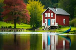 en röd hus och en påfågel stående i främre av en sjö. ai-genererad foto