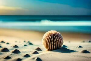 en strand boll sitter på de sand i främre av de hav. ai-genererad foto