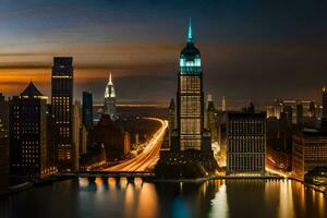 de stad horisont på natt med de välde stat byggnad i de förgrund. ai-genererad foto