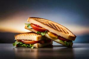 två grillad smörgåsar med tomater och ost på en trä- tabell. ai-genererad foto