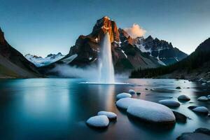 en vattenfall i de bergen med stenar och vatten. ai-genererad foto