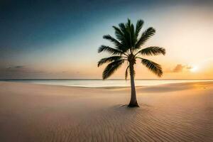 de handflatan träd på de strand på solnedgång. ai-genererad foto