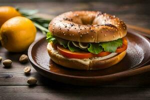 en bagel smörgås med sallad, tomater och ett orange. ai-genererad foto