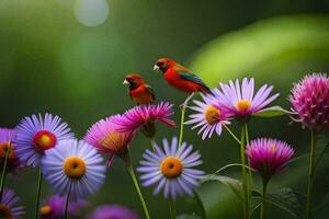 två färgrik fåglar uppflugen på några lila blommor. ai-genererad foto