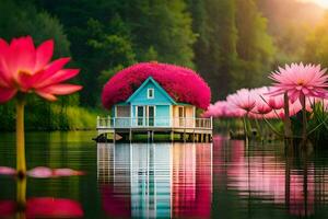 en hus på en flytande docka med rosa blommor. ai-genererad foto